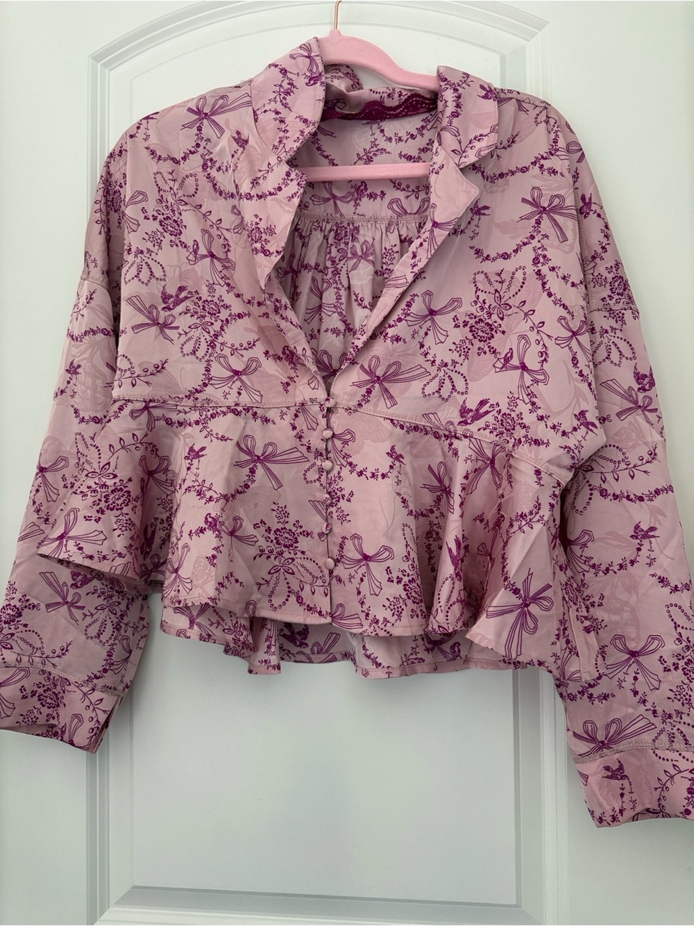 Free People Pink Floral Bow-Print Ruffled Sleep Shirt